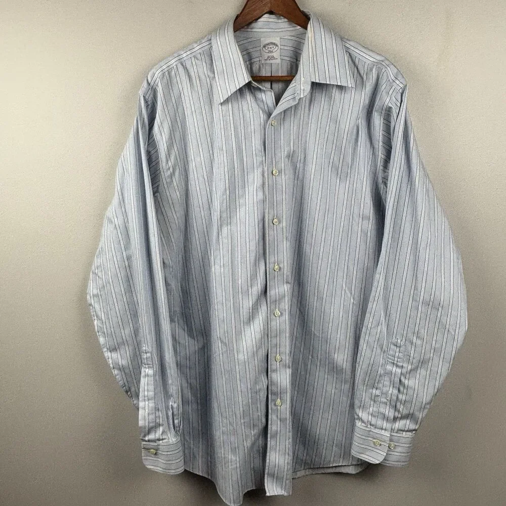 Brooks Brothers Men 17-6/7 Light Blue Striped Dress Shirt Slim Supima Cotton
